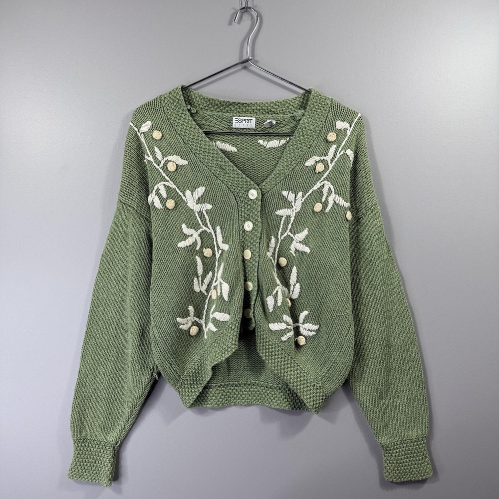 Esprit Sweater Womens Medium Green Floral Embroidered Button Cardigan Silk